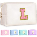 TOPEAST Personalized Birthday Gifts for Women, Preppy Patch Makeup Bag, Chenille Letter Pouch Cosmetic Bag, Travel Organizer, Gifts for Friends Cute Stuff for Women (Pearly White L)