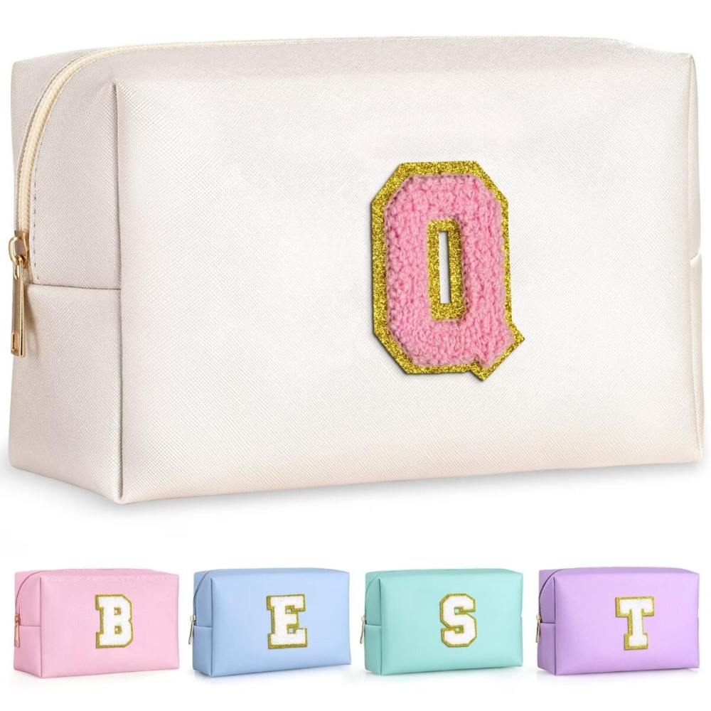 TOPEAST Initial Makeup Bag for Travel, Chenille Letter Pouch Cosmetic Bag, PU Leather Waterproof Toiletry Bag, Personalized Gifts for Bride Bridesmaids, Cute Things for Girls (Pearly White Q)