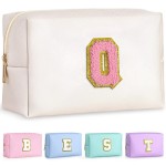TOPEAST Initial Makeup Bag for Travel, Chenille Letter Pouch Cosmetic Bag, PU Leather Waterproof Toiletry Bag, Personalized Gifts for Bride Bridesmaids, Cute Things for Girls (Pearly White Q)