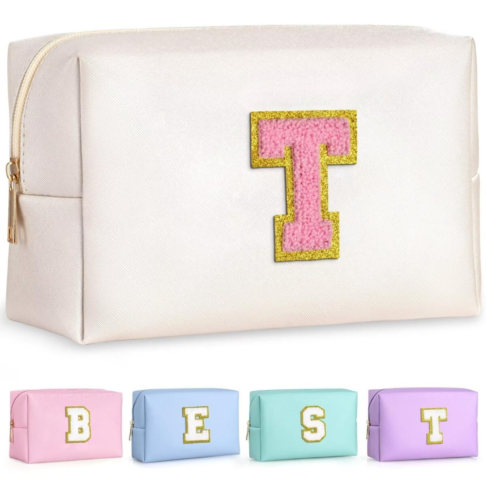 TOPEAST Preppy Stuff for Girls, Initial Makeup Bag Chenille Letter Pouch Cosmetic Bag with Zipper, PU Leather Waterproof Toiletry Bag, Cute Stuff Birthday Gift for Friends Sister (Pearly White T)
