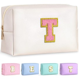 TOPEAST Preppy Stuff for Girls, Initial Makeup Bag Chenille Letter Pouch Cosmetic Bag with Zipper, PU Leather Waterproof Toiletry Bag, Cute Stuff Birthday Gift for Friends Sister (Pearly White T)