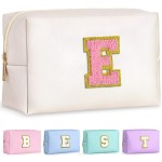 TOPEAST Travel Makeup Bag for Women - Preppy Cosmetic Bag, Personalized Initial Makeup Pouch Leather Waterproof Travel Toiletry Bag | Birthday Travel Gifts (Pearly White E)