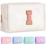 TOPEAST Preppy Makeup Bag, Cute Makeup Pouch PU Leather Waterproof Cosmetic Bag, Personalized Birthday Gifts for Mom Teacher Friends Bridesmaids Nurse, Trendy Stuff for Girls (Pearly White I)