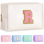 TOPEAST Cosmetic Travel Bags for Women, Preppy Small Makeup Bag, PU Leather Waterproof Toiletry Bag, Unique Friendship Gifts for Friends Coworker, Cute Stuff for Girls (Pearly White R)