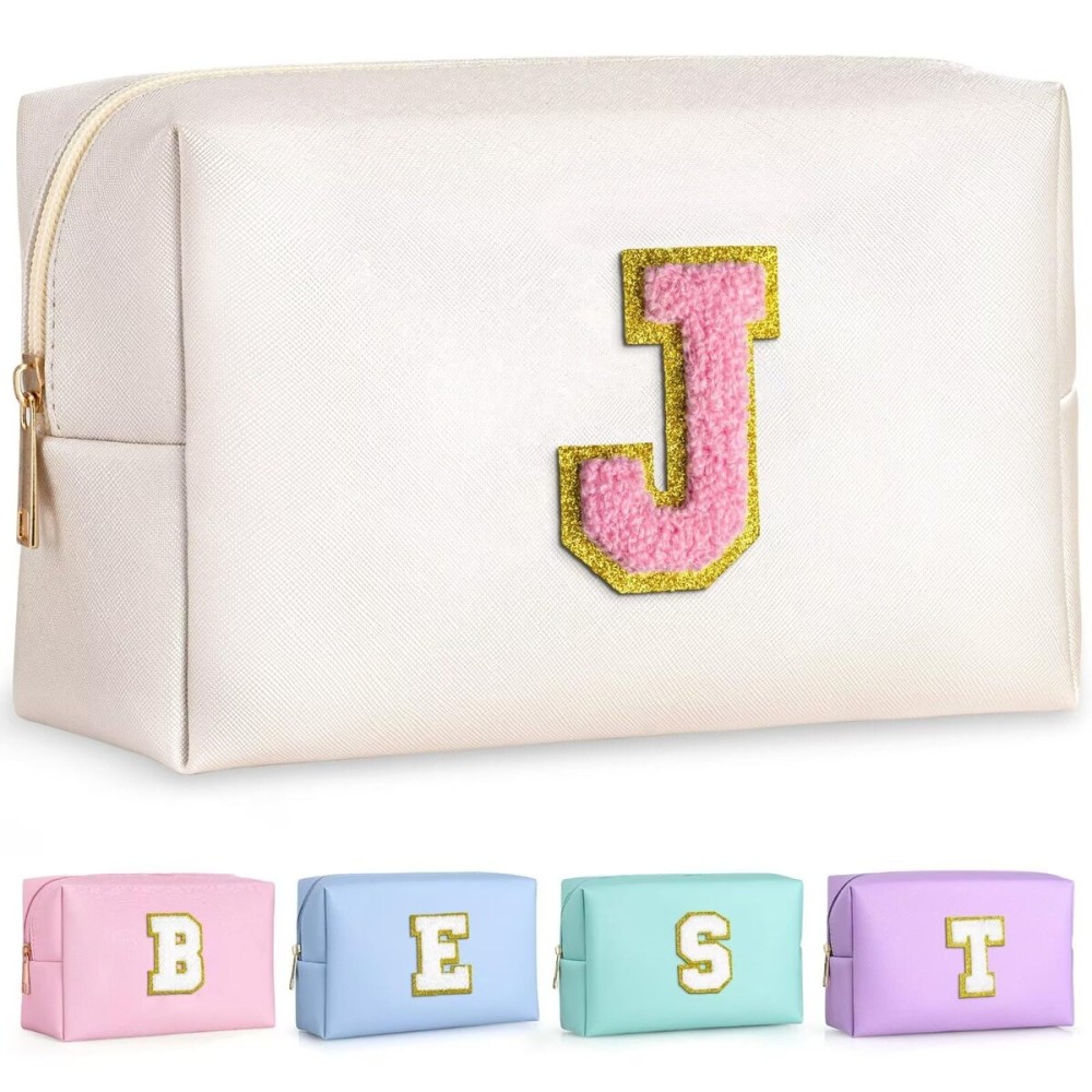 TOPEAST Birthday Gifts for Girls, Travel Makeup Bag Chenille Letter Pouch Cosmetic Bag, Makeup Travel Organizer, Monogrammed Bridesmaid Gifts for Women, Cute Stuff for Girls (Pearly White J)