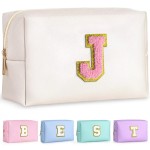 TOPEAST Birthday Gifts for Girls, Travel Makeup Bag Chenille Letter Pouch Cosmetic Bag, Makeup Travel Organizer, Monogrammed Bridesmaid Gifts for Women, Cute Stuff for Girls (Pearly White J)