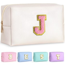 TOPEAST Birthday Gifts for Girls, Travel Makeup Bag Chenille Letter Pouch Cosmetic Bag, Makeup Travel Organizer, Monogrammed Bridesmaid Gifts for Women, Cute Stuff for Girls (Pearly White J)