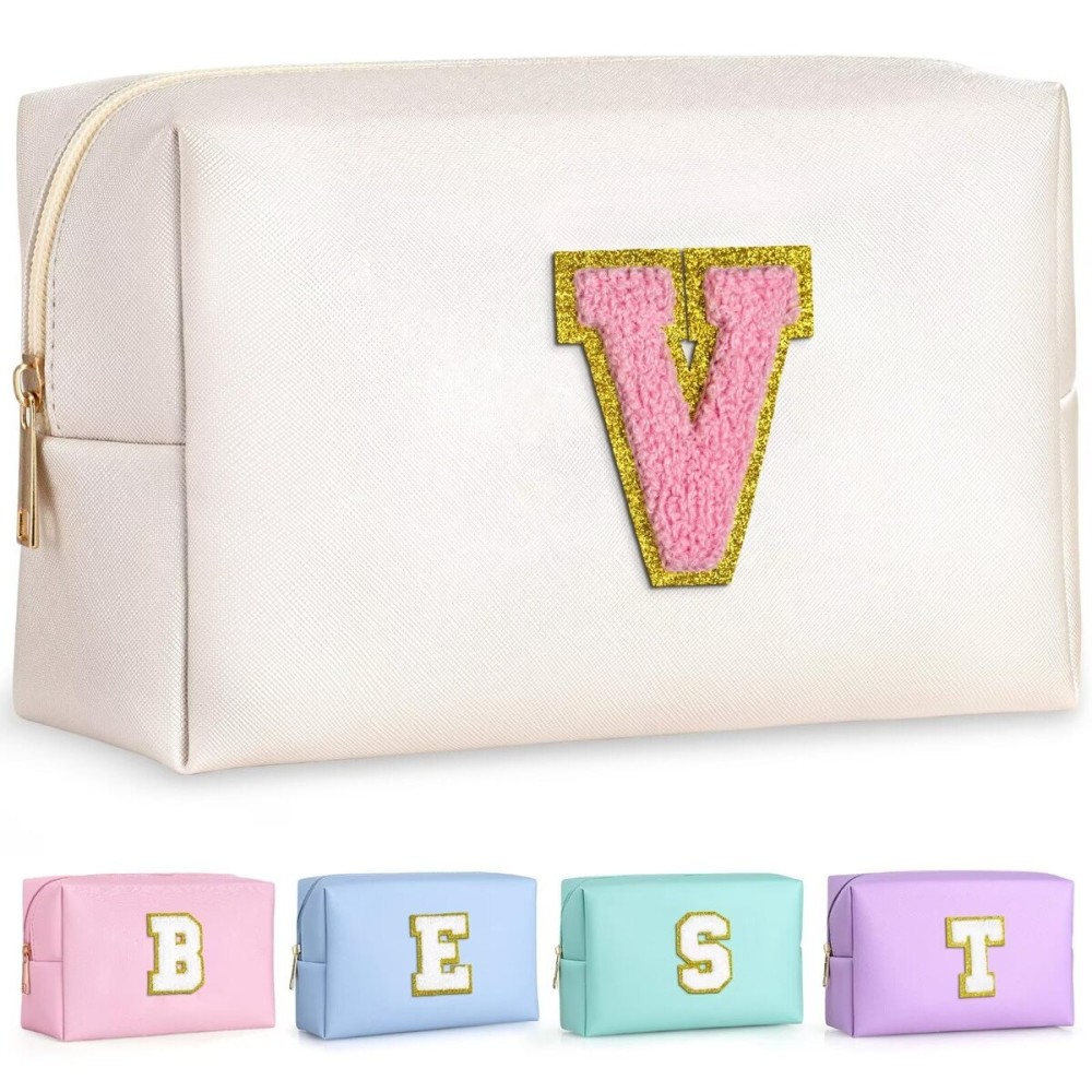 TOPEAST Initial Makeup Bags for Women, Personalized Portable Cosmetic Bag for Travel, Cute Makeup Pouch, PU Leather Waterproof Toiletry Bag, Preppy Things for Girl (Pearly White V)