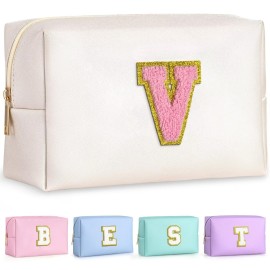 TOPEAST Initial Makeup Bags for Women, Personalized Portable Cosmetic Bag for Travel, Cute Makeup Pouch, PU Leather Waterproof Toiletry Bag, Preppy Things for Girl (Pearly White V)