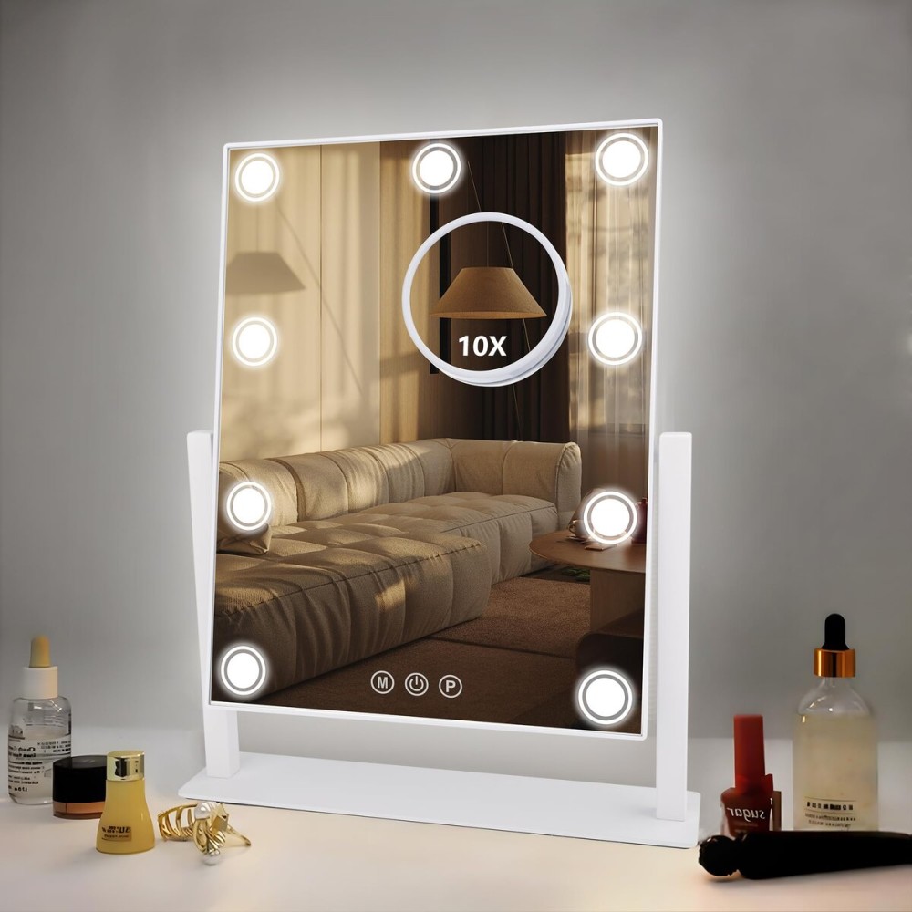 SLIMOON Lighted Makeup Mirror, 14x 12 Hollywood Vanity Mirror with 9 LED Bulbs, 3 Color Lights, and Detachable 10X Magnification Mirror, 1200mAh Rechargeable, Touch Control, 360Rotation (White)