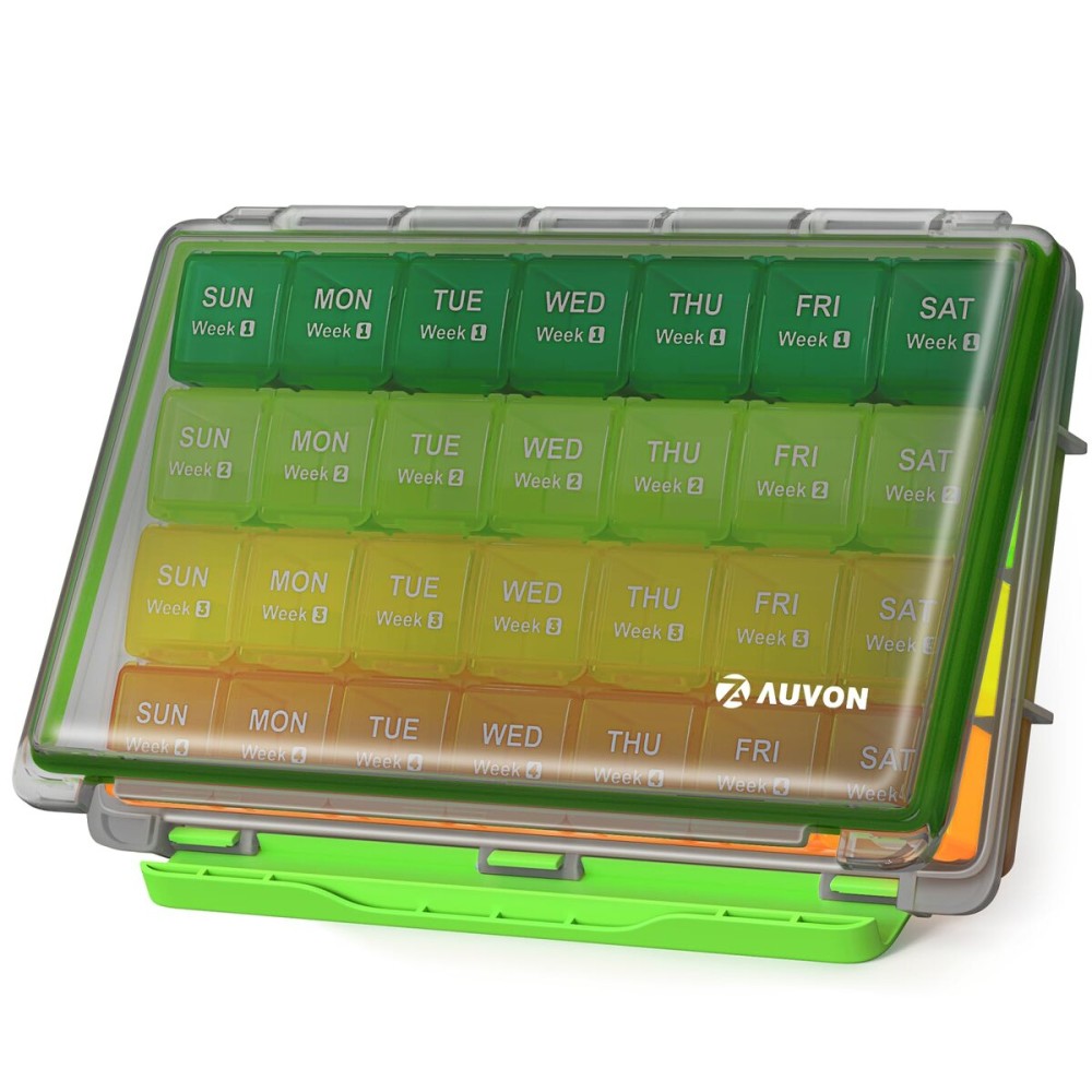 AUVON Moisture-Proof Monthly Pill Organizer, Large 28 Days Pill Box Case with Removable 4 Weeks Medication Organizer Rows, Travel-Friendly to Store Fish Oils, Vitamins, Supplements, Medications