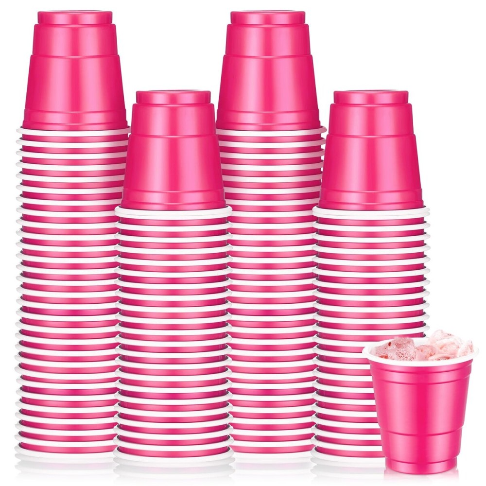 Roshtia 100 Pack 2 oz Christmas Plastic Shot Cups, Mini Disposable Shot Glasses 2 oz Party Cups for Wedding Christmas Winter Party, Beer Taste Serving, Snacks(Hot Pink)