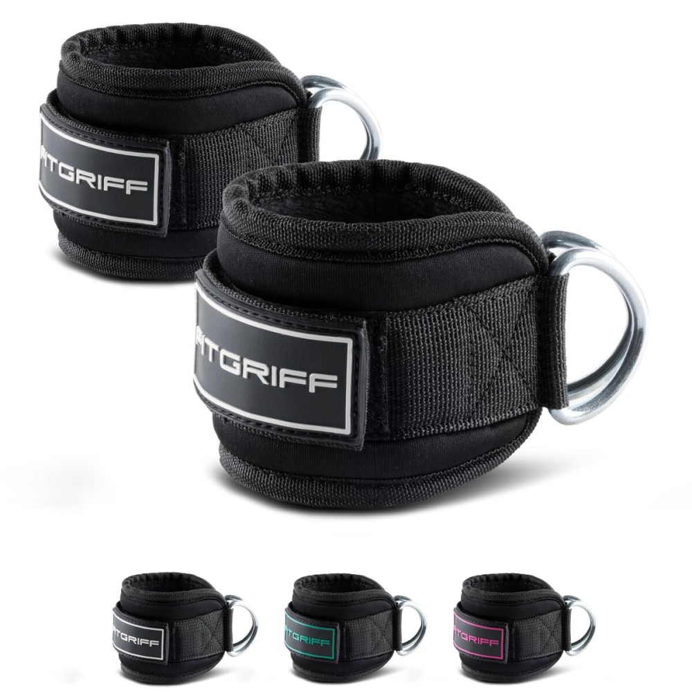 Fitgriff Ankle Straps V3 for Cable Machine (2 Pieces) - Gym Workout Equipment - Leg Pulley Attachment, Kickback Straps (Black/White)