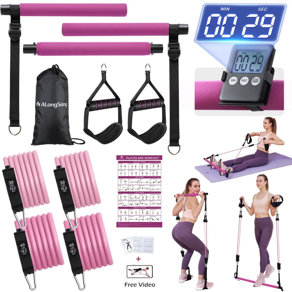ALongSong Pilates Bar Kit with Resistance Bands, Portable Home Workout Equipment with Timer for Full Body Exercise Fitness Equipment Yoga Pilates Bar Kit for Men Women
