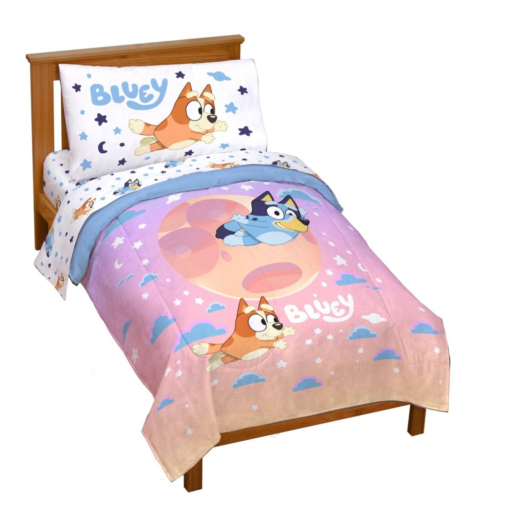 Jay Franco Bluey & Bingo Toddler Comforter Set - 4 Piece Bed Set Includes Sheet Set & Pillow Covers - Super Soft Clouds & Stars Kids Bedding