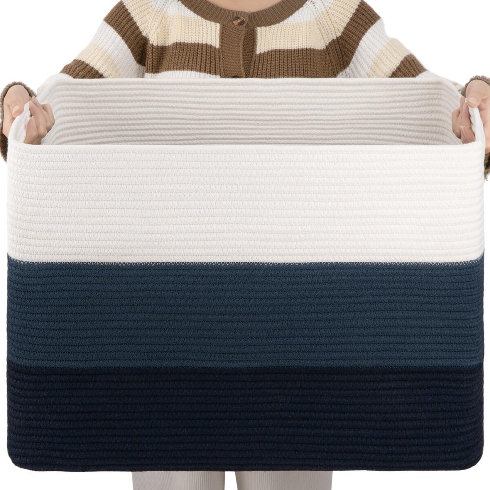 OIAHOMY 108L Large Cotton Rope Basket, Rectangle Woven Baskets for Storage, Nursery Blanket Storage Living Room, Toy Basket With Handle-25x16x16-Gradient Blue
