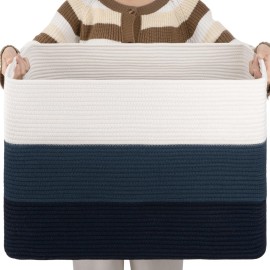 OIAHOMY 108L Large Cotton Rope Basket, Rectangle Woven Baskets for Storage, Nursery Blanket Storage Living Room, Toy Basket With Handle-25x16x16-Gradient Blue