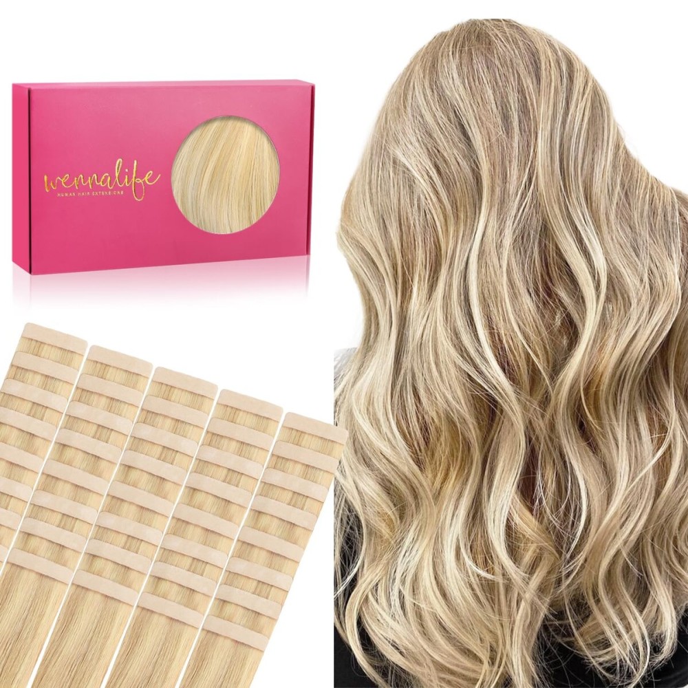 WENNALIFE Tape in Hair Extensions Human Hair, 40pcs 100g 20 inch Light Blonde Highlighted Golden Blonde Hair Extensions Real Human Hair Straight Tape in Extensions Invisible Human Hair Extensions