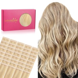 WENNALIFE Tape in Hair Extensions Human Hair, 40pcs 100g 20 inch Light Blonde Highlighted Golden Blonde Hair Extensions Real Human Hair Straight Tape in Extensions Invisible Human Hair Extensions