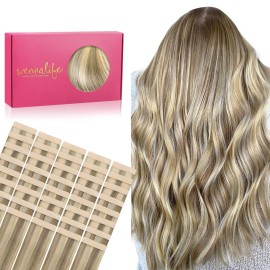 WENNALIFE Tape in Hair Extensions Human Hair, 40pcs 100g 16 inch Ash Brown with Platinum Blonde Highlights Hair Extensions Real Human Hair Straight Tape in Extensions Invisible Human Hair Extensions