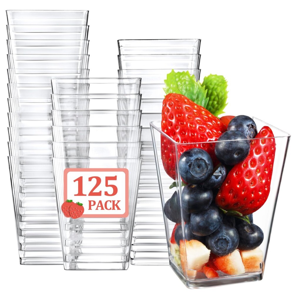 Eupako 125 Pack 5 OZ Plastic Mini Dessert Cups - Clear Small Parfait Cups, Square Appetizer Cups for Fruit, Pudding, Mousse, Ice Cream, Party, Wedding, Valentine\'s Day