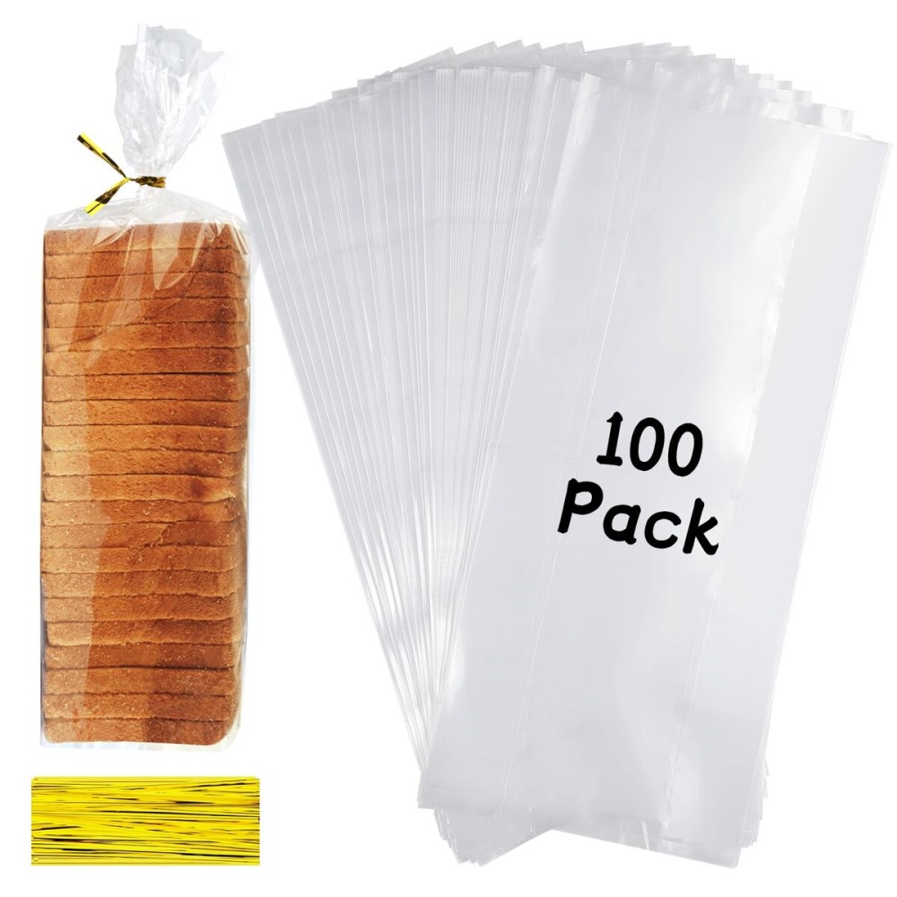 Bread Bags with Ties, 100 Clear Bread Bags for Homemade Bread and 100 Ties, Adjustable Reusable Plastic Bread Bags, Bread Loaf Bags for Home Bakers and Bakery Owners