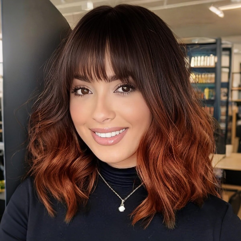 Nnzes Ombre Auburn Wig with Bangs for Women Shoulder Length Brown Bob Wavy Charming Synthetic Wigs with Natural Curly Heat Resistant Hair for Daily Party Use
