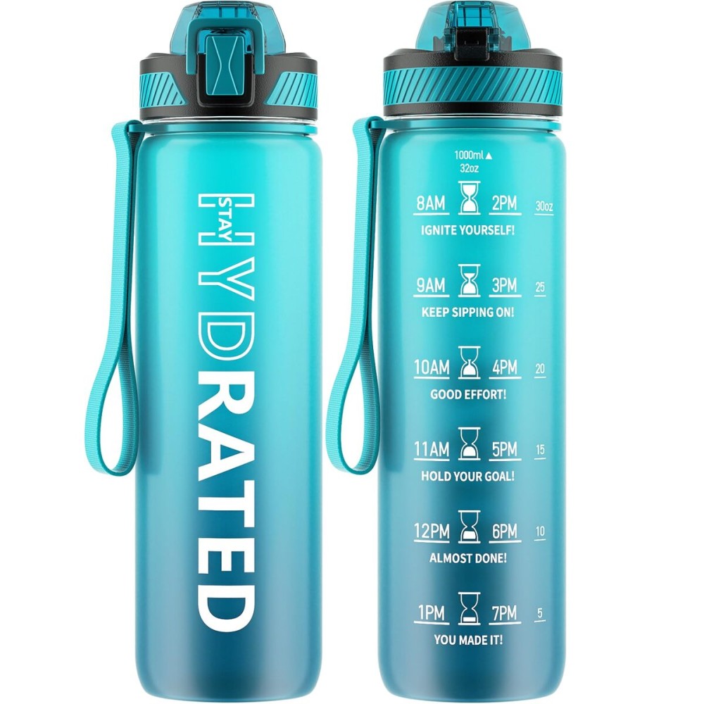 QLUR Water Bottle with Straw, 32oz Motivational Water Bottles with Time Marker to Drink, Tritan BPA Free, 1L Sports Water Bottle with Carry Strap LeakProof for Women Gym Fitness Outdoor (1 Pack)