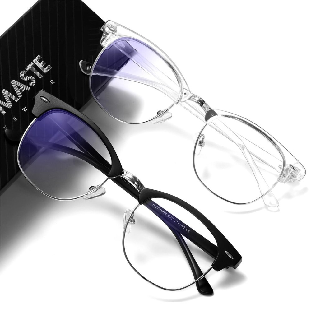 AOMASTE Blue Light Blocking Glasses Vintage Half Frame UV Clear Lens Anti Eyestrain Computer Gaming Glasses for Women Men (E-matte Black Silver+crystal Silver)