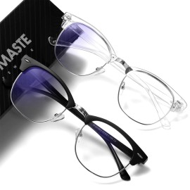 AOMASTE Blue Light Blocking Glasses Vintage Half Frame UV Clear Lens Anti Eyestrain Computer Gaming Glasses for Women Men (E-matte Black Silver+crystal Silver)
