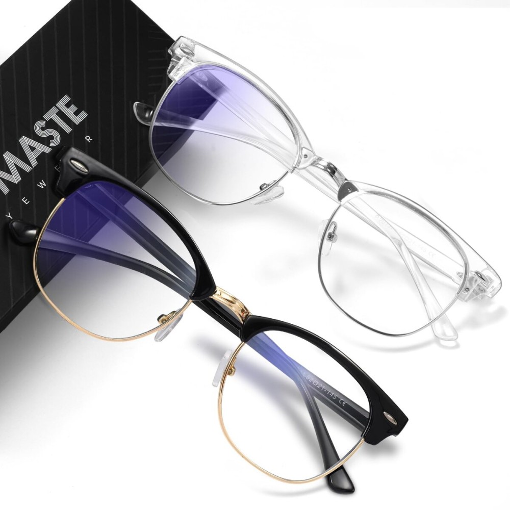 AOMASTE Blue Light Blocking Glasses Vintage Half Frame UV Clear Lens Anti Eyestrain Computer Gaming Glasses for Women Men (E-black Gold +crystal Silver)