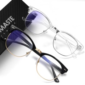 AOMASTE Blue Light Blocking Glasses Vintage Half Frame UV Clear Lens Anti Eyestrain Computer Gaming Glasses for Women Men (E-black Gold +crystal Silver)