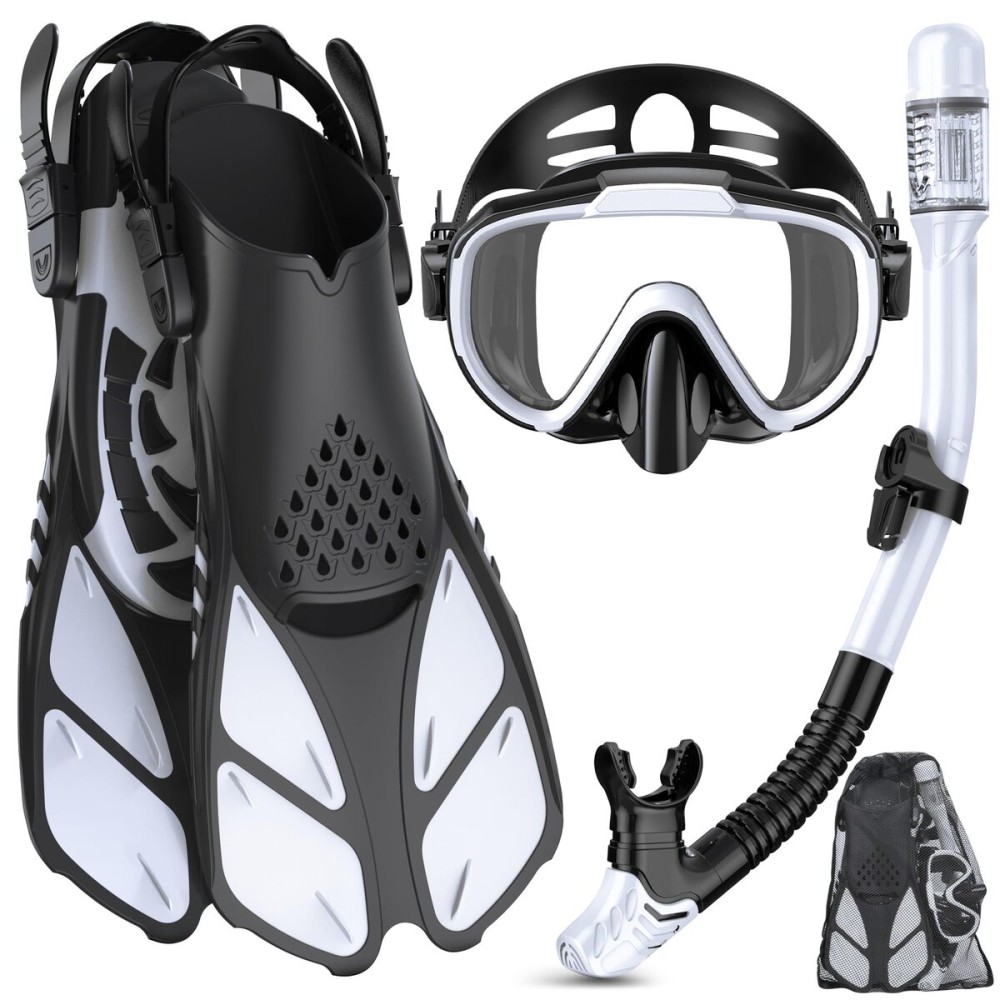 Ubekezele Snorkeling Gear for Adults Men Women,4 in 1 Snorkel Set with Panoramic View Diving Mask Anti-Fog Anti-Leak,Dry Top Snorkel,Fins and Travel Bag for Swimming,Snorkeling and Travel Diving