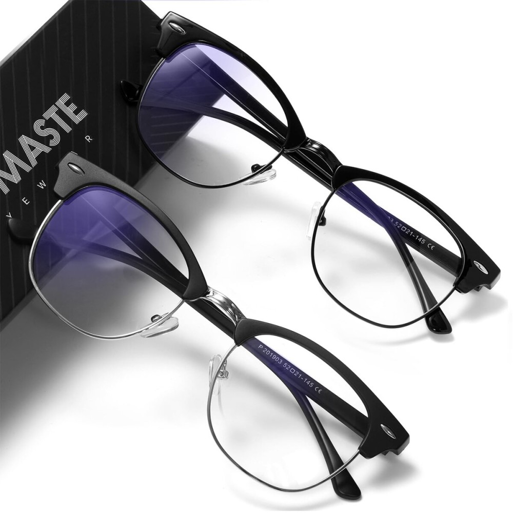 AOMASTE Blue Light Blocking Glasses Vintage Half Frame UV Clear Lens Anti Eyestrain Computer Gaming Glasses for Women Men (E-matte Black Silver+bright Black)