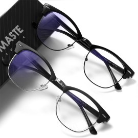 AOMASTE Blue Light Blocking Glasses Vintage Half Frame UV Clear Lens Anti Eyestrain Computer Gaming Glasses for Women Men (E-matte Black Silver+bright Black)