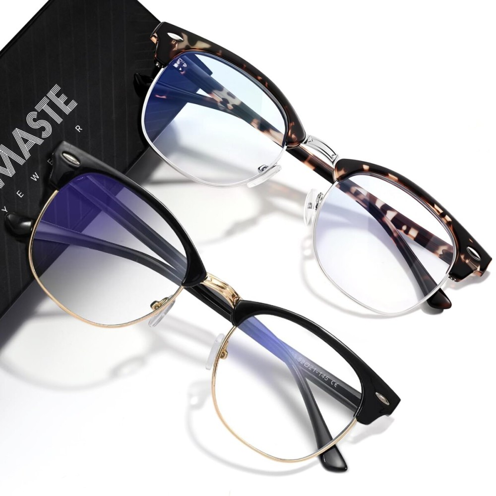 AOMASTE Blue Light Blocking Glasses Vintage Half Frame UV Clear Lens Anti Eyestrain Computer Gaming Glasses for Women Men (E-black Gold+leopard Silver)