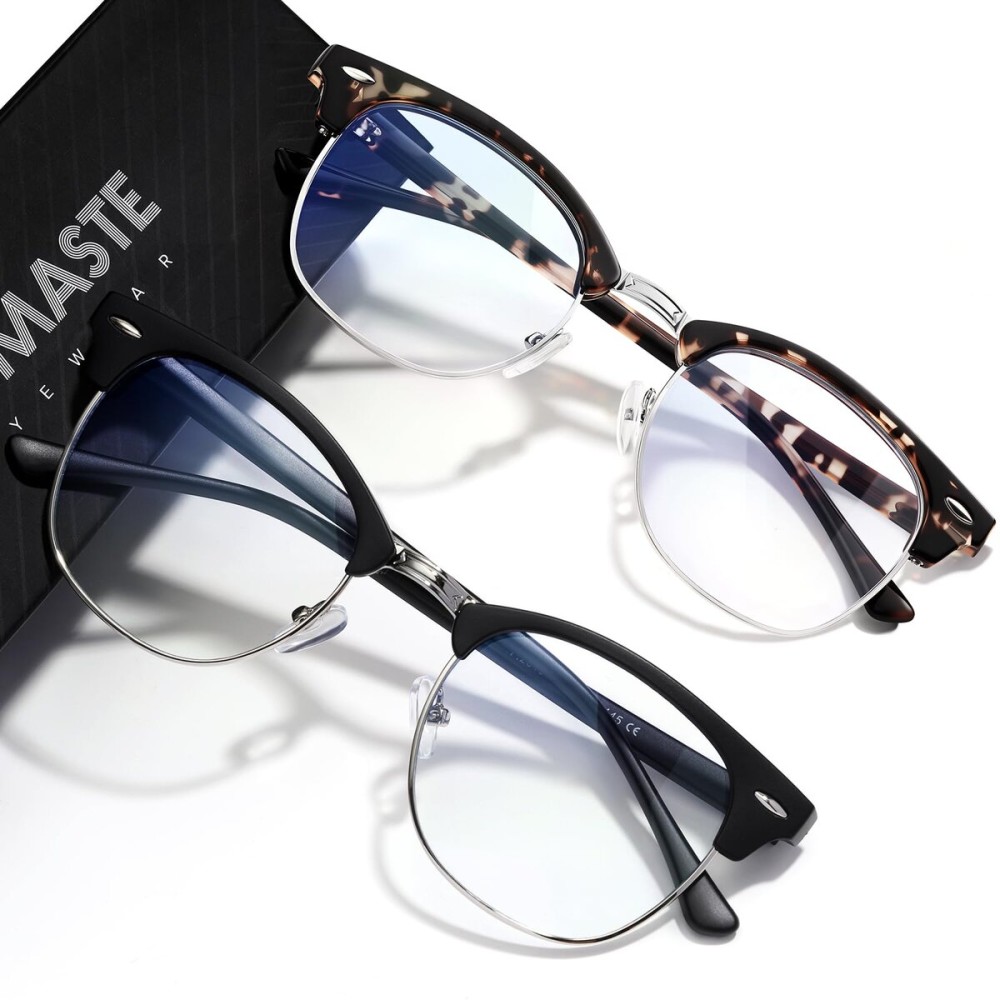 AOMASTE Blue Light Blocking Glasses Vintage Half Frame UV Clear Lens Anti Eyestrain Computer Gaming Glasses for Women Men (E-matte Black Silver+-leopard Silver)