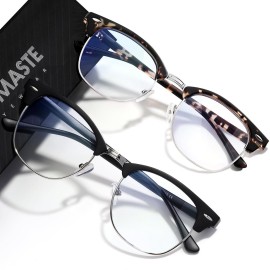 AOMASTE Blue Light Blocking Glasses Vintage Half Frame UV Clear Lens Anti Eyestrain Computer Gaming Glasses for Women Men (E-matte Black Silver+-leopard Silver)