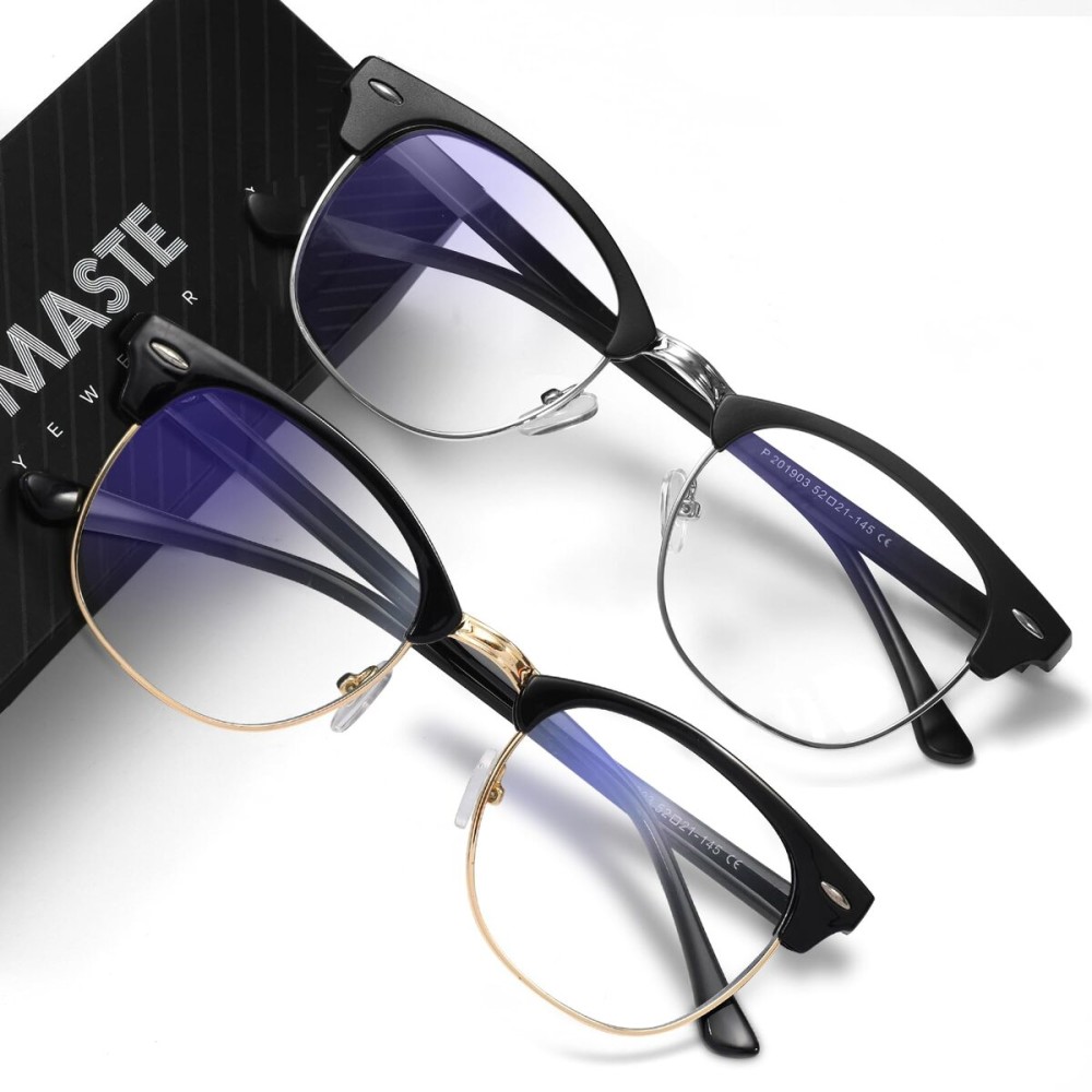 AOMASTE Blue Light Blocking Glasses Vintage Half Frame UV Clear Lens Anti Eyestrain Computer Gaming Glasses for Women Men (E-matte Black Silver+black Gold)