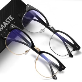 AOMASTE Blue Light Blocking Glasses Vintage Half Frame UV Clear Lens Anti Eyestrain Computer Gaming Glasses for Women Men (E-matte Black Silver+black Gold)