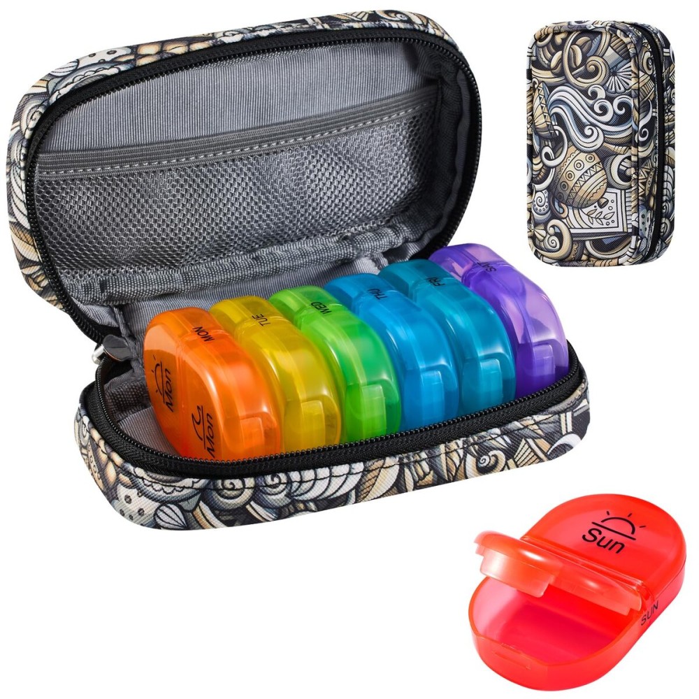 Serfeymi Weekly Travel Pill Organizer 2 Times A Day AM PM Upgraded Rainbow Pill Box 7 Day with Portable Zipper PU Leather Pill Case, Medicine Organizer for Pills, Vitamins, Fish Oils - Brown 03
