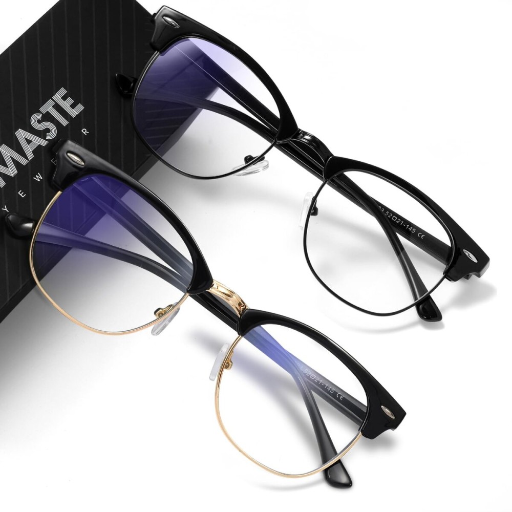 AOMASTE Blue Light Blocking Glasses Vintage Half Frame UV Clear Lens Anti Eyestrain Computer Gaming Glasses for Women Men (E-black Gold +bright Black)