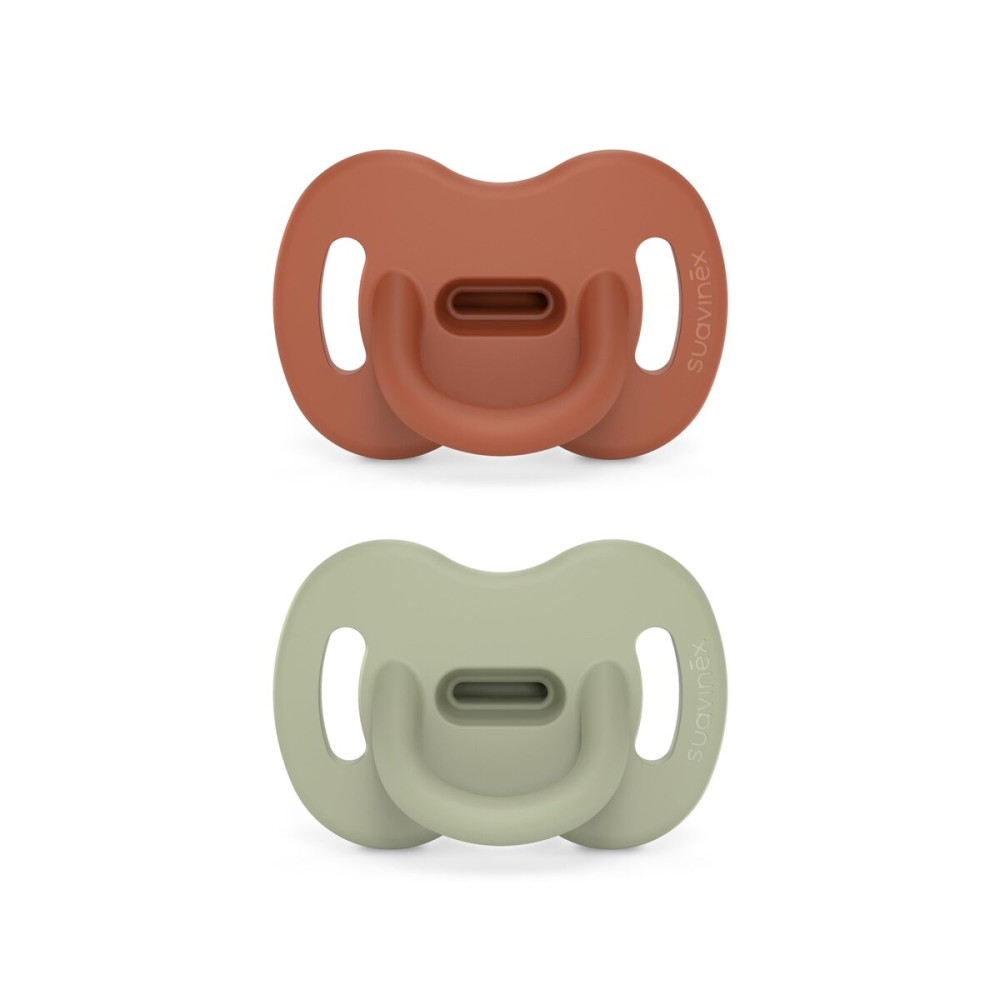 Color Essence SX PRO Silicone Baby Pacifier 2Pk, Made with 100% Soft Silicone, Baby Essentials Perfect for Breastfeeding Babies, Designed in Spain, 6-18 Mths, Orange/Green