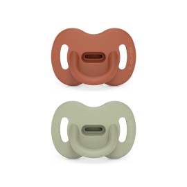 Color Essence SX PRO Silicone Baby Pacifier 2Pk, Made with 100% Soft Silicone, Baby Essentials Perfect for Breastfeeding Babies, Designed in Spain, 6-18 Mths, Orange/Green