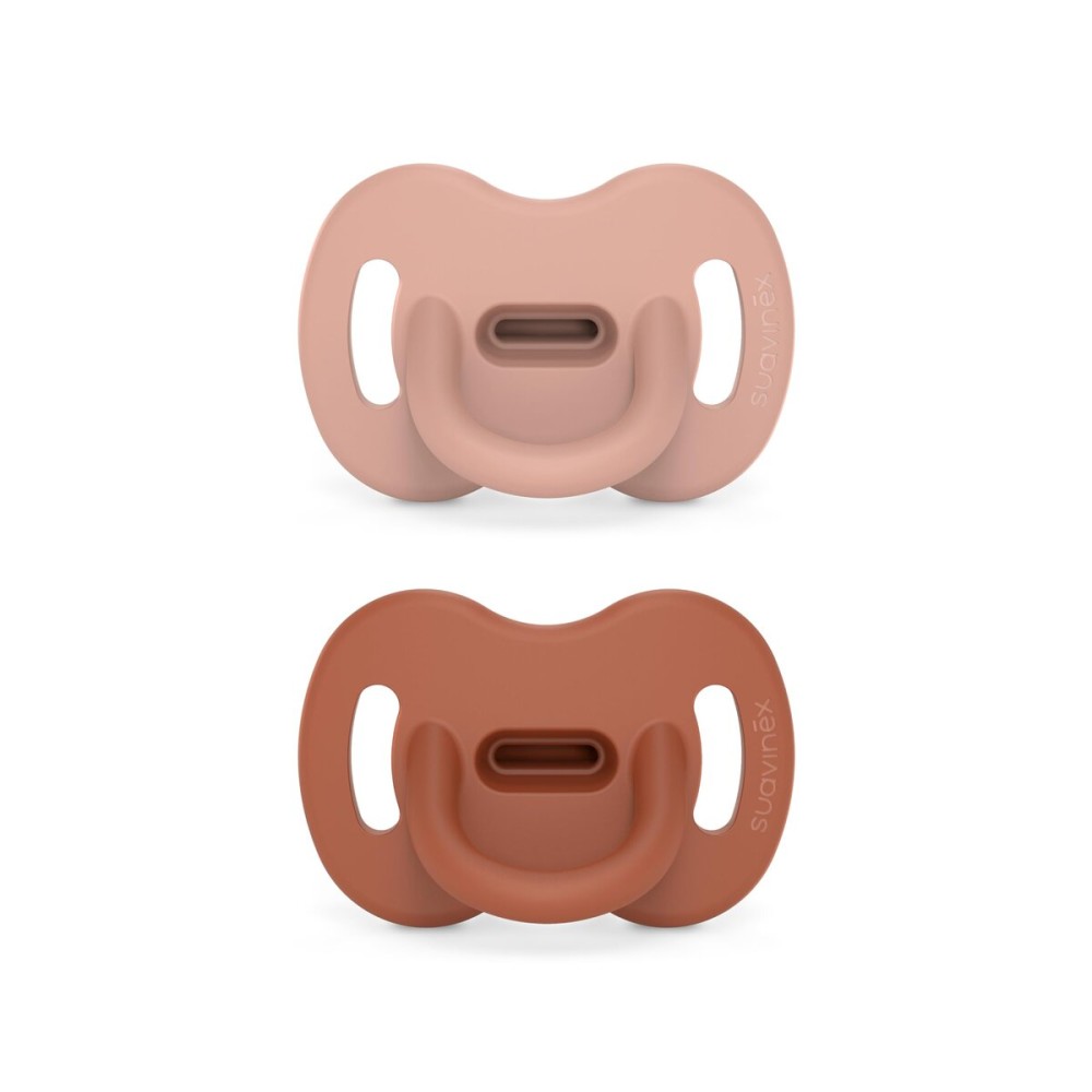 Color Essence SX PRO Silicone Baby Pacifier 2Pk, Made with 100% Soft Silicone, Baby Essentials Perfect for Breastfeeding Babies, Designed in Spain, 6-18 Mths, Nude/Orange