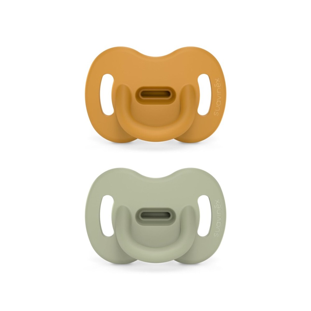 Color Essence SX PRO Silicone Baby Pacifier 2Pk, Made with 100% Soft Silicone, Baby Essentials Perfect for Breastfeeding Babies, Designed in Spain, 6-18 Mths, Mustard/Green