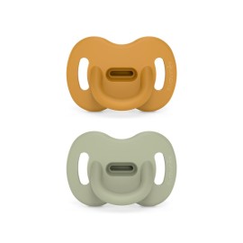 Color Essence SX PRO Silicone Baby Pacifier 2Pk, Made with 100% Soft Silicone, Baby Essentials Perfect for Breastfeeding Babies, Designed in Spain, 6-18 Mths, Mustard/Green