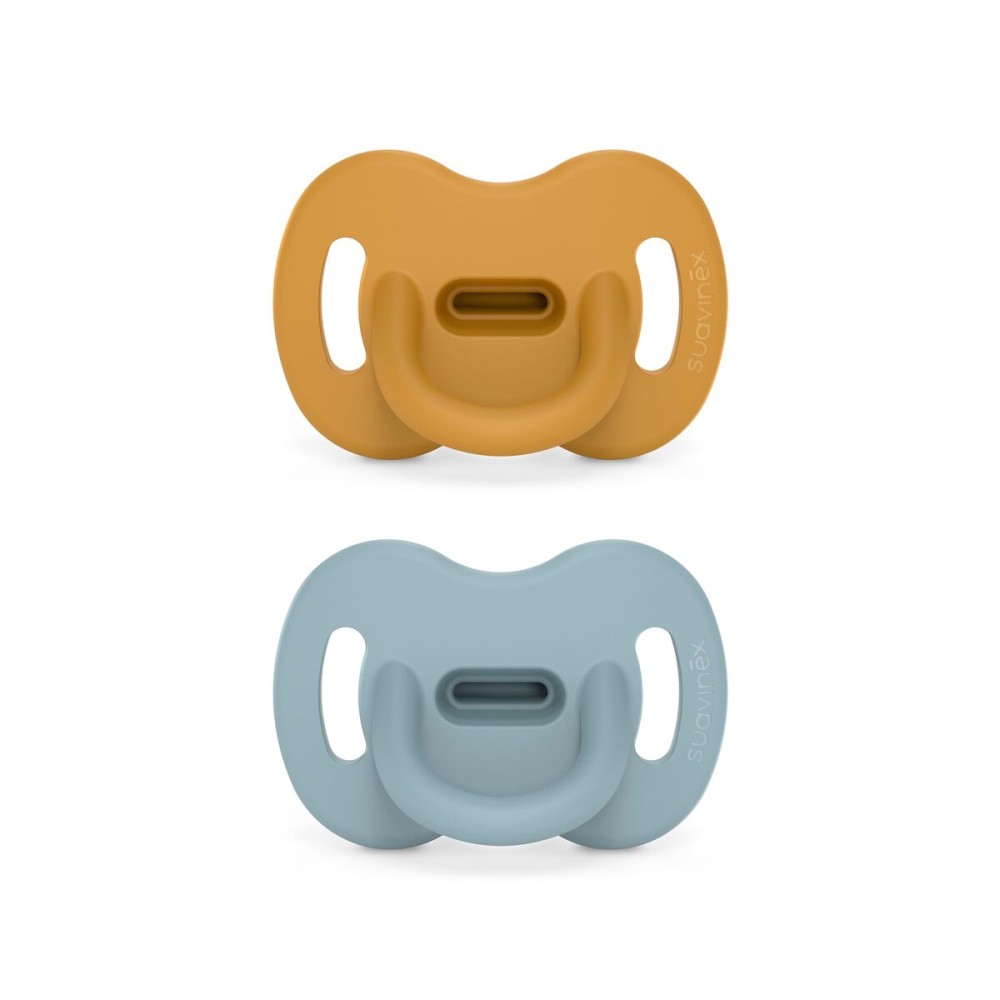 Color Essence SX PRO Silicone Baby Pacifier 2Pk, Made with 100% Soft Silicone, Baby Essentials Perfect for Breastfeeding Babies, Designed in Spain, 6-18 Mths, Mustard/Blue