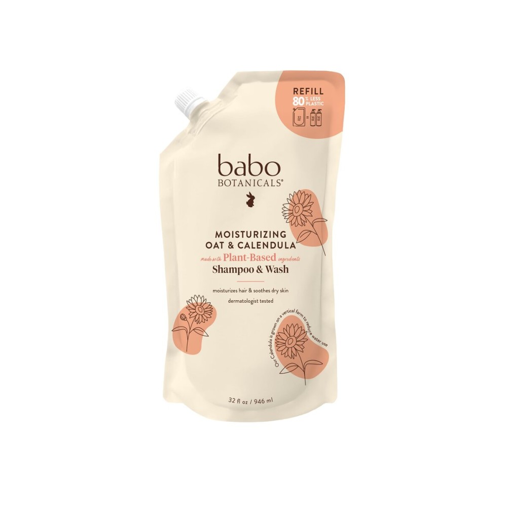 BABO Botanicals Moisturizing Oat & Calendula 2-in-1 Shampoo & Wash - for Dry or Sensitive Skin - for All Ages - Lightly Scented - Vegan - Refill pouch 32 fl.oz.