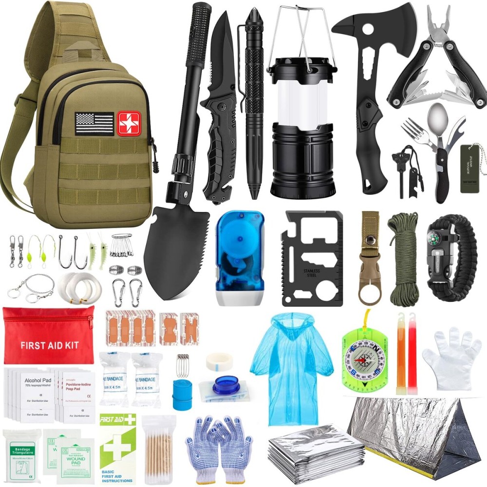 Emergency Survival Kit, 151 Pcs Survival Gear First Aid Kit, Outdoor Trauma Bag with Tactical Flashlight Knife Pliers Pen Blanket Bracelets Compass for Camping Earthquake or Adventures (Khaki)